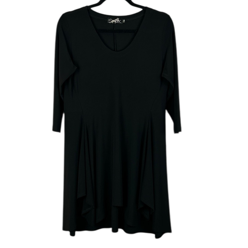 Sympli Classic Silky Knit Asymmetrical Hem Longline Tunic Top Size 10 Black
